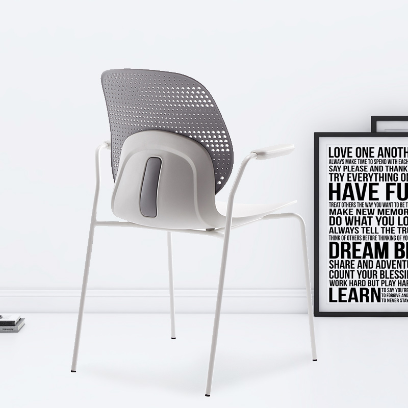 臻远ZY-7836 简约休闲办公椅轻奢铁艺靠背椅 灰背白座扶手款高清大图