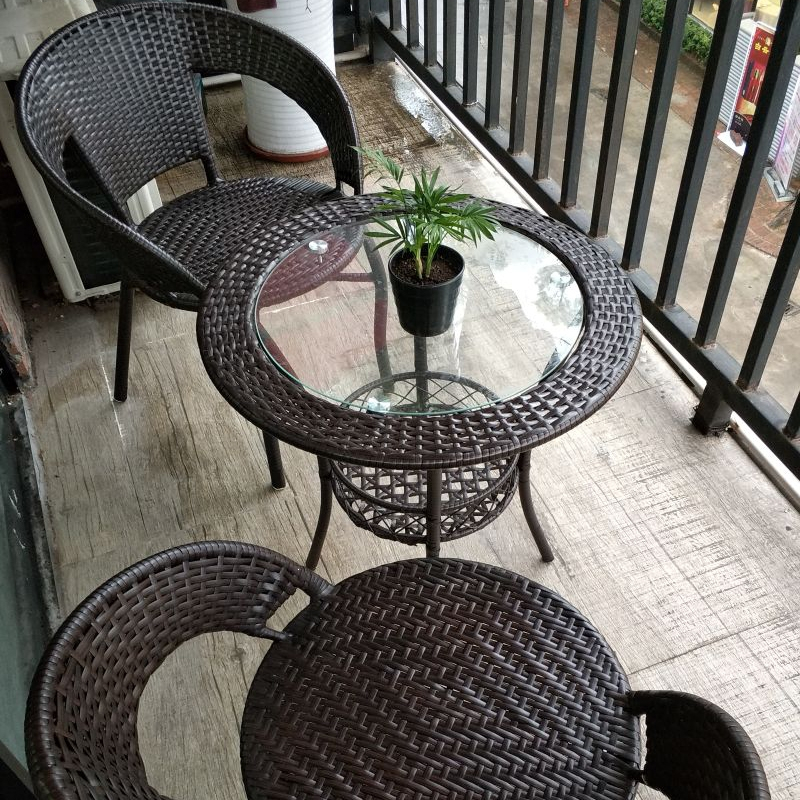 圆形阳台小茶几阿斯卡利小户型茶桌茶台藤编小圆桌椅子组合休闲钢化