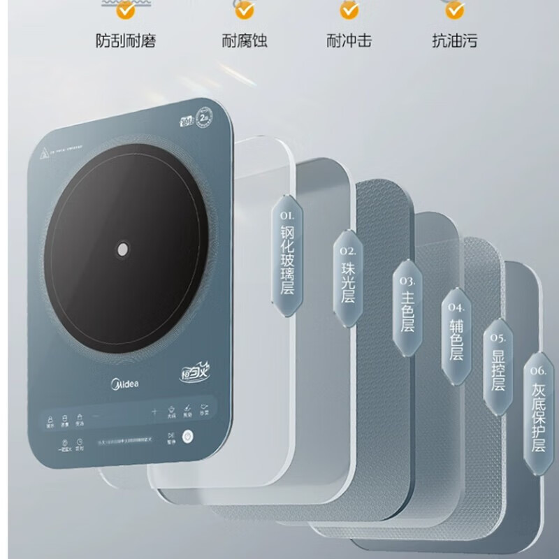 美的(Midea)MC-22RB09 电磁炉家用超薄彩色面板灶立体测温煎炒炖煮涮炸多功能防水预约高清大图