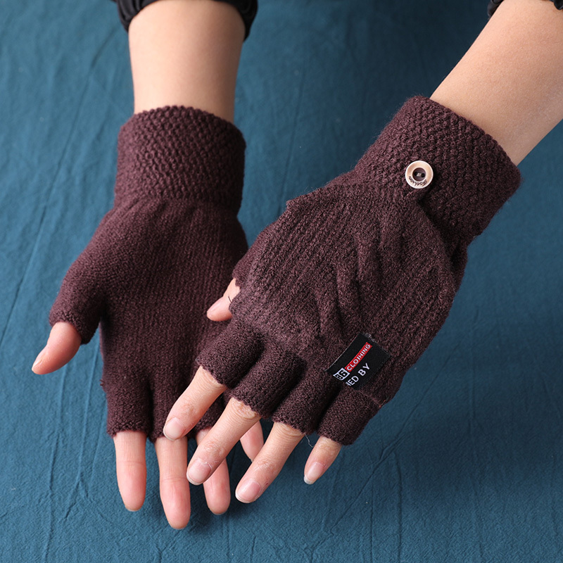 手套女秋冬学生翻盖半指韩版加厚保暖男韩版露指五指写字弹力手套