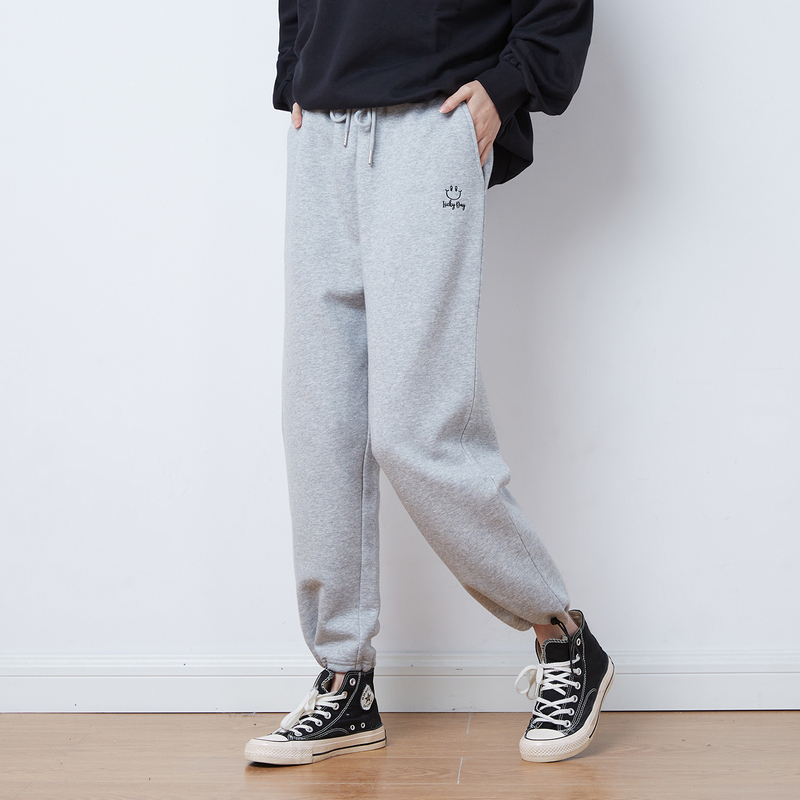 唐狮秋冬新款休闲裤宽松加绒运动裤女高腰抽绳束脚裤子卫裤潮in