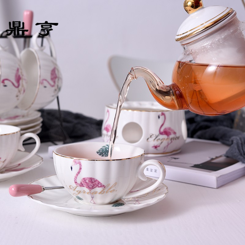 鼎亨火烈鸟花茶茶具套装玻璃茶壶陶瓷简约下午茶花茶具家用办公室