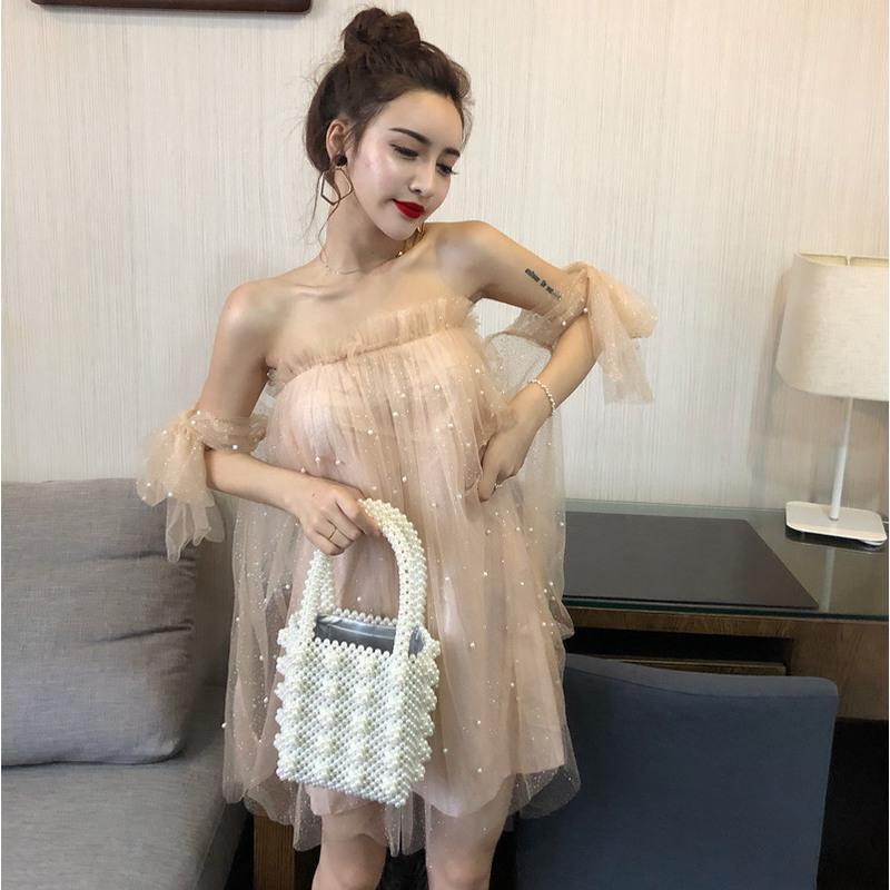 玳恩yy主播超仙连衣裙网红新款性感一字领露肩镂空网纱订珠抹胸蓬蓬裙