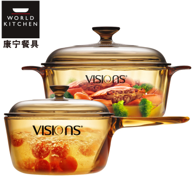 康宁(VISIONS)锅具套装VS2.2+VSP-1晶彩透明玻璃汤锅奶锅两件套 2.25L+1L 1升单柄锅直1.5升