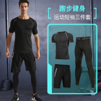 运动紧身衣男短袖健身套装训练服篮球高弹上衣速干健身房跑步背心精英灰线短袖Z2三件套S80-100斤