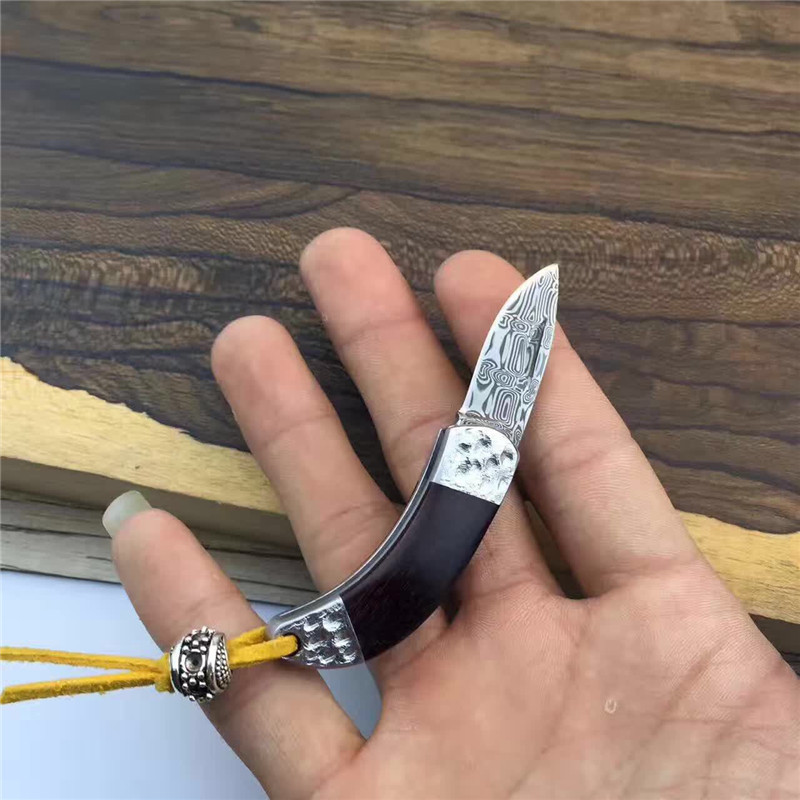 瑞粉大马士革钢刀天梯纹折刀迷你钥匙扣刀双铜头紫檀柄折叠刀收藏礼品刀户外野营刀具折叠刀 随身钥匙刀