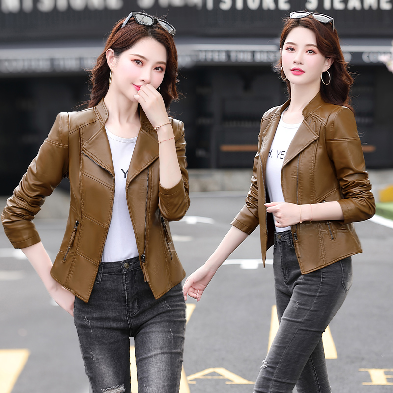 免费试穿 真皮皮衣女短款绵羊皮2024春秋装新款皮夹克矮个子韩版修身小外套潮冬装新款机车复古短上衣多款皮衣小外套 8097卡其 XL