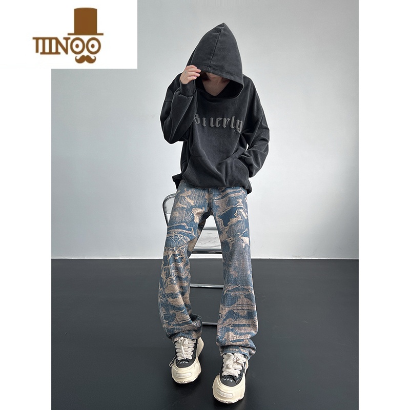 YANXU牛仔裤男秋季美式高街vibe潮牌痞帅满印水洗宽松直筒阔腿休闲长Y高清大图