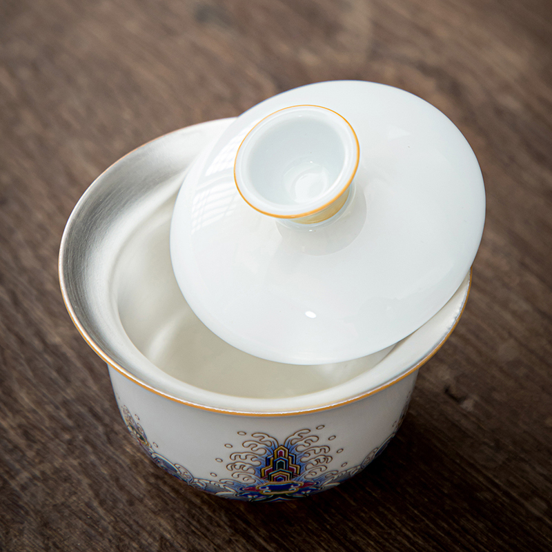 領藝 皇家御品三才盖碗茶杯大号泡茶功夫茶碗 皇家御品鎏银盖碗
