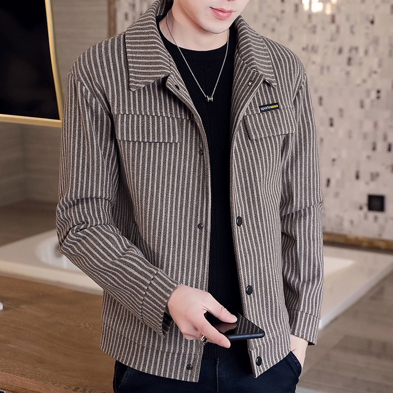 yuansu短款毛呢外套男韩版加厚秋冬季条纹毛呢衣服男士