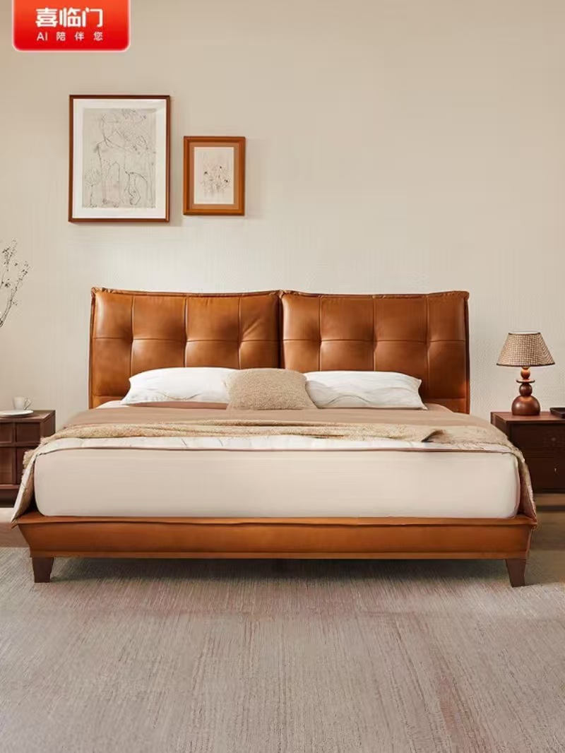 喜临门 -芝士分子 皮艺双人床家具进口头层牛皮中古风高脚高清大图