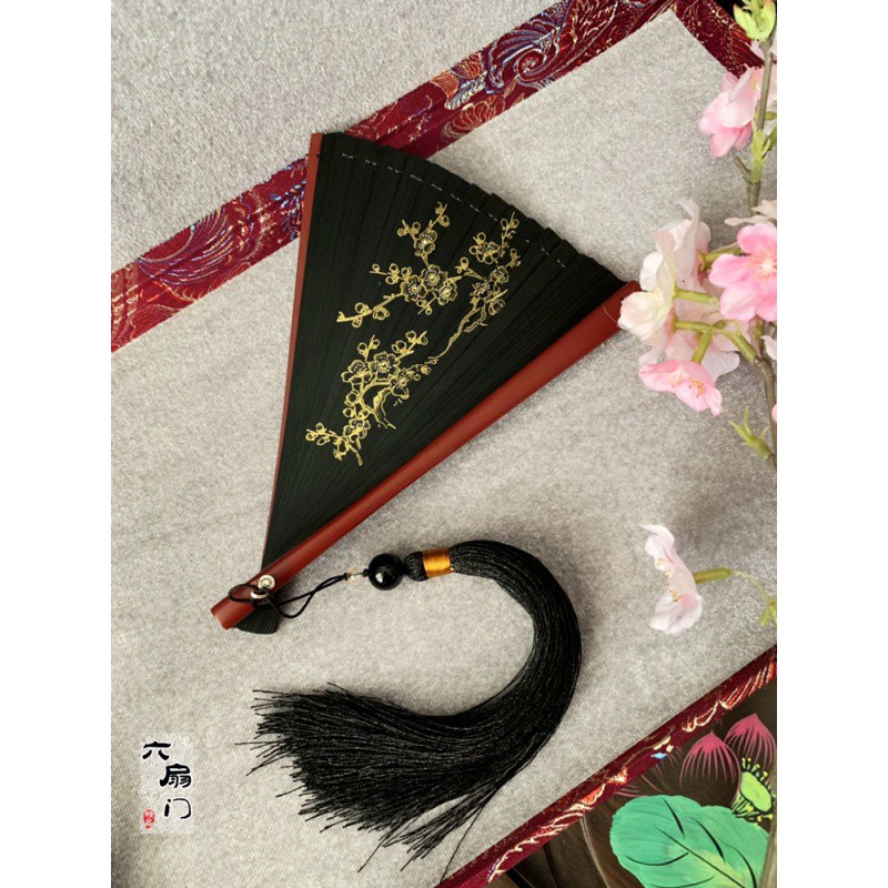 古风金色喷绘中国风梅花黑色全竹工艺扇礼品扇小日式女夏季折扇子 三维工匠 梅花+大珠黑配红高清大图
