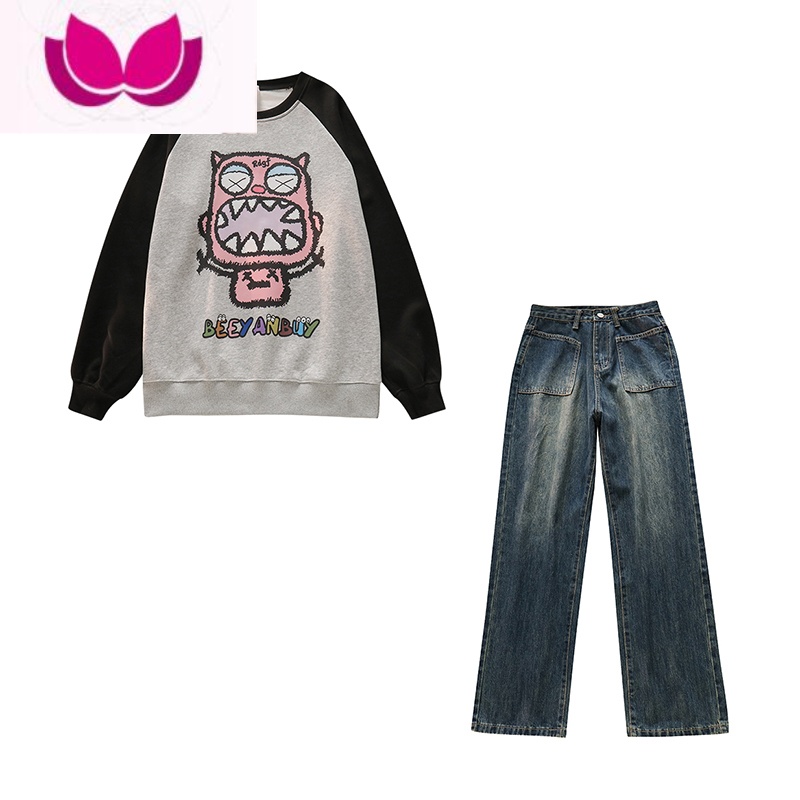 七斓穿搭不重样!慵懒风插肩袖小众卫衣女阔腿牛仔裤洋气炸街套装冬装高清大图