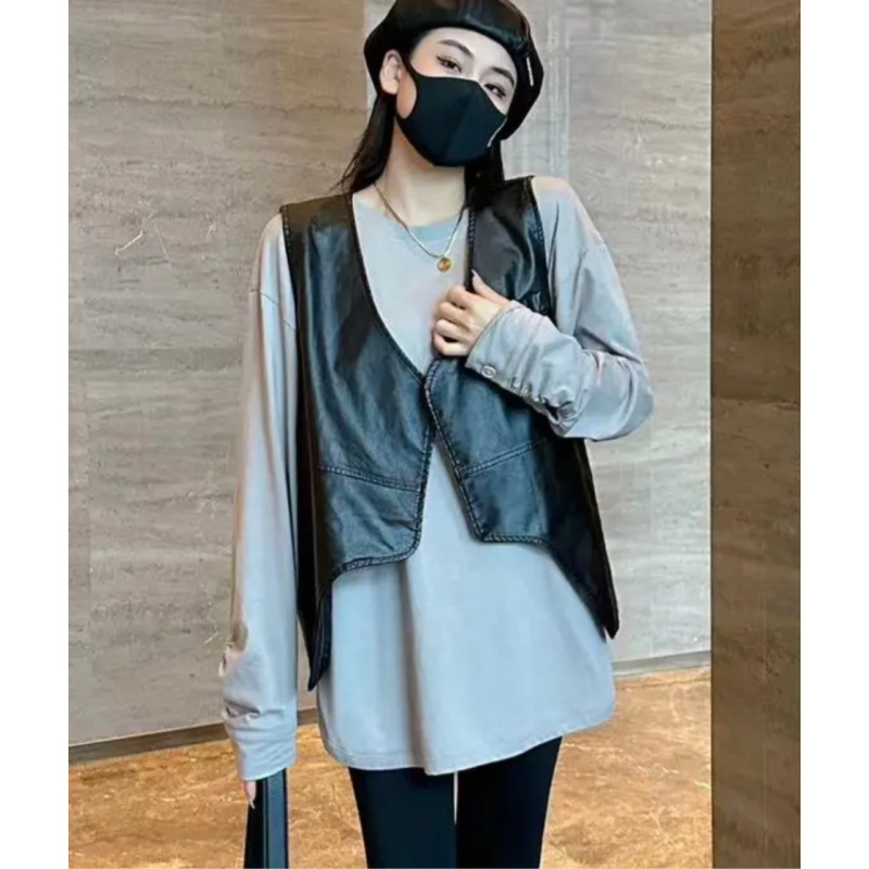 语娄欧货港风设计不规则无袖皮质马甲女2023秋季宽松休闲百搭马夹外套