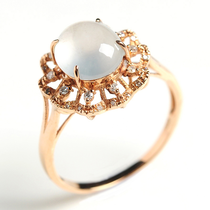 18k镶嵌翡翠戒指蛋面玉石指环女款圆形戒面饰品带证书送女朋友七夕