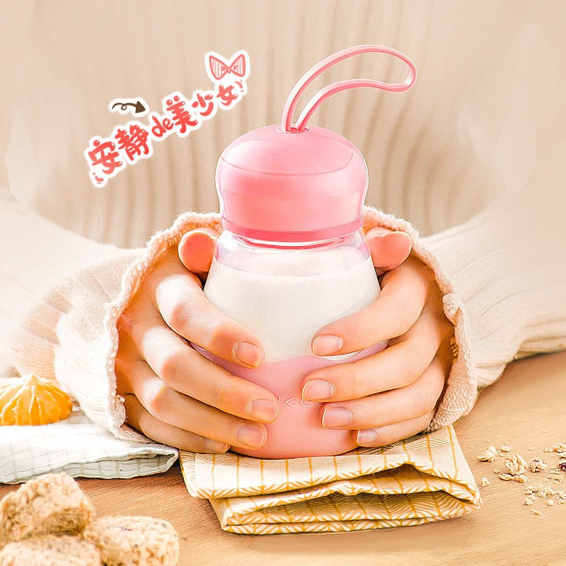 七克拉企鹅玻璃杯子400ml韩版可爱女学生便携泡花茶水杯多色可选 天蓝色380ml 带硅胶隔热杯套