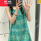 YIBUSHENG仙孔雀绿韩系复古碎花背心裙宽松气质绿色无袖圆领连衣裙女季