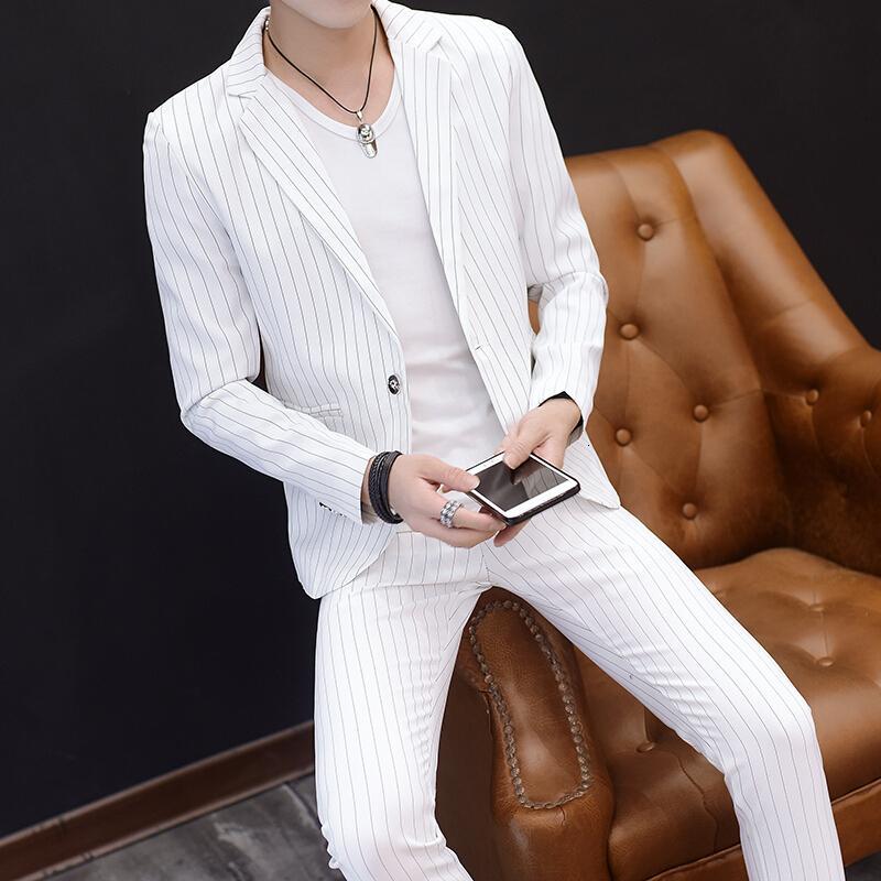 秋季条纹西服套装男士三件套修身韩版休闲西装韩版修身小西服礼服 白色 腰系绳 三件套 M