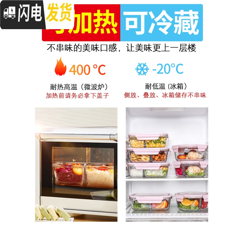 三维工匠冰箱保鲜盒家用耐热玻璃碗带盖可微波炉加热便当盒带饭饭盒上班 [岩粉]950+420+420+420.《店长推荐》高清大图