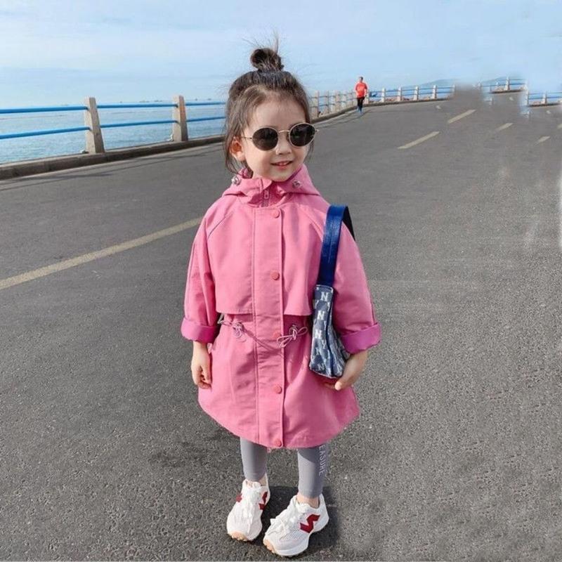 女童春秋装2021新款儿童韩版冲锋衣宝宝洋气大衣小童中长风衣外套 粉色 90 [建议身高85厘米左右]