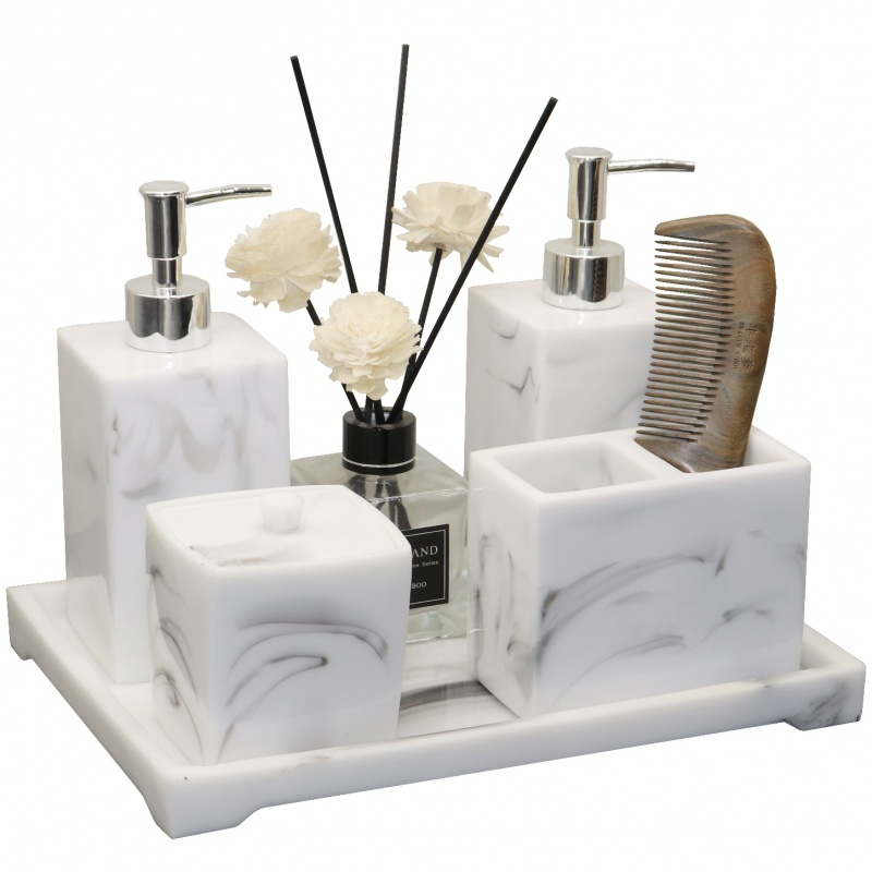 北欧酒店洗手液瓶闪电客大理石纹卫浴五件套卫生间洗漱套装托盘树脂