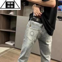 希杰狮王2023年秋季新款印花牛仔裤男网红潮牌修身百搭学生九分休闲长裤子