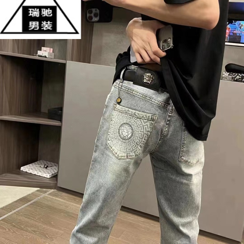 希杰狮王2023年秋季新款印花牛仔裤男网红潮牌修身百搭学生九分休闲长裤子