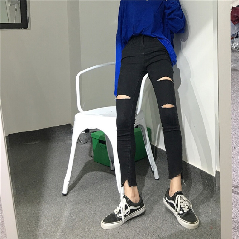 韩版秋装女装高腰显瘦开叉破洞牛仔裤九分裤长裤小脚休闲裤铅笔裤