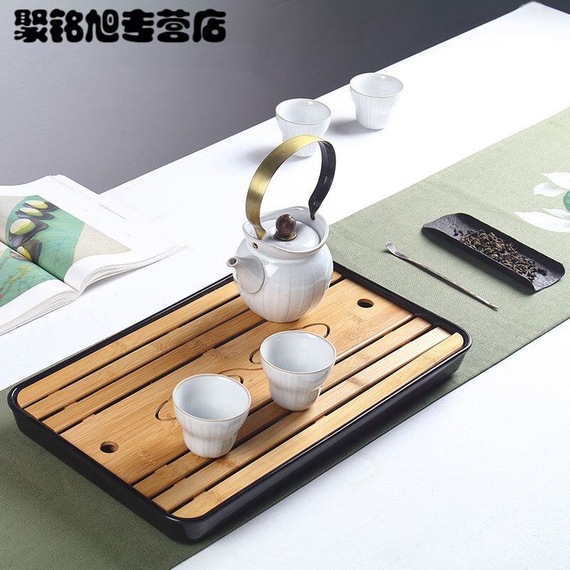 小茶盘迷你茶托盘小号家用储水竹制干泡茶台功夫茶具塑料茶盘简约长方形白色43*26*4(09)