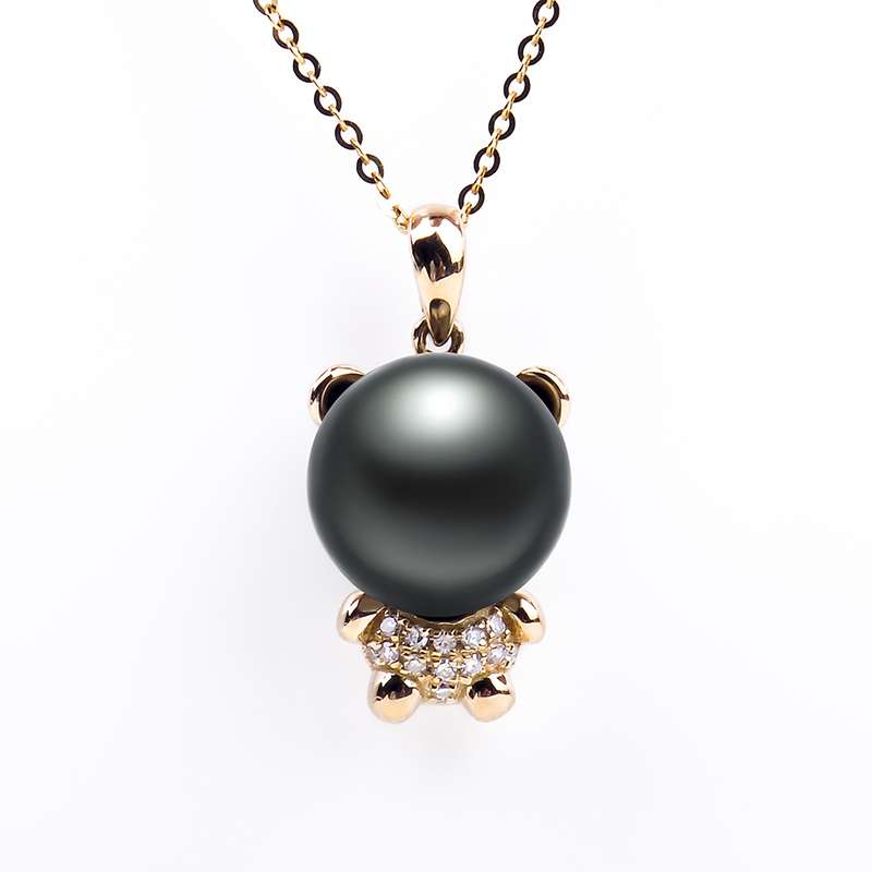 梦克拉 18K金钻石珍珠小熊形状吊坠 强光海水珍珠吊坠 镶钻小熊珍珠吊坠 可爱小熊 熊吊坠 金珠吊坠黑珍珠吊坠双色 黑色