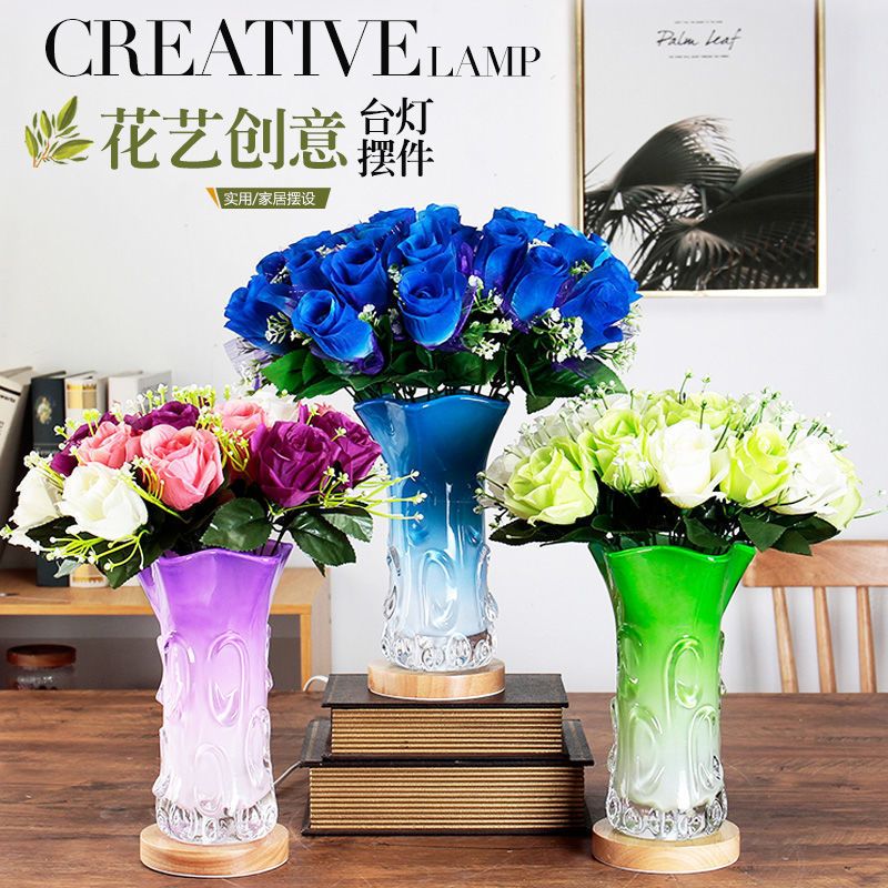 梅花口实木底座+三束紫色玫瑰 按钮开关 创意实木玫瑰花灯护眼温馨小夜灯装饰婚庆卧室床头灯简约喂奶台灯