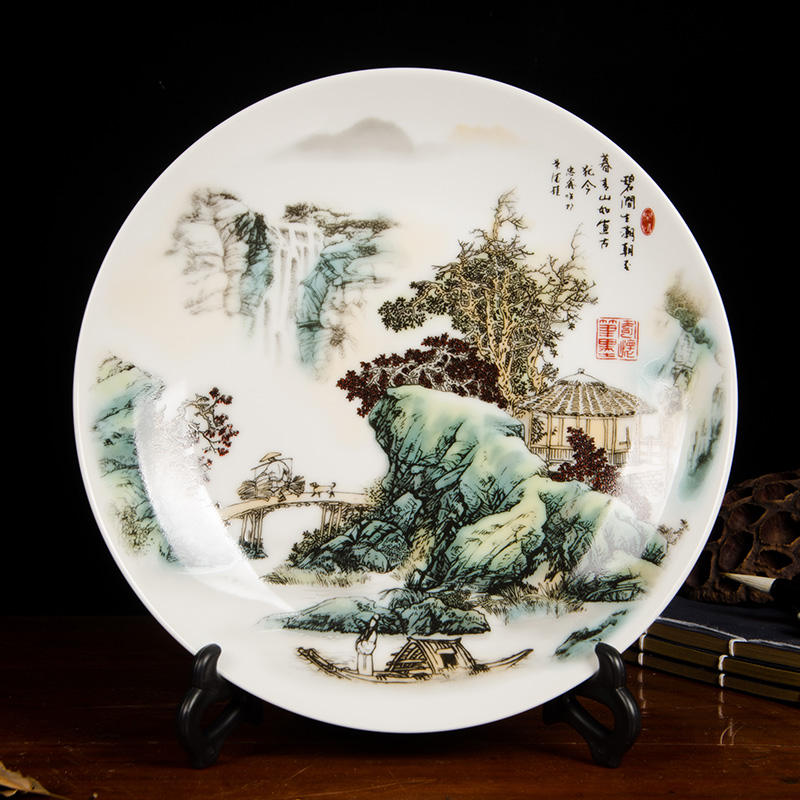 景德镇陶瓷器中式山水画挂盘装饰盘子客厅玄关博古架摆件家居 三维工匠 碧涧生潮+三角支架(25cm)高清大图