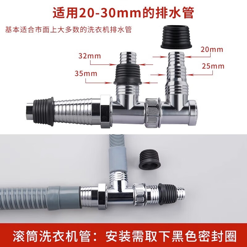 洗衣机下水管道三头通地漏三通接头四通排水管[E1款]四合一/0.6米管/地漏接头/地漏盖/防溢水管高清大图