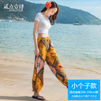 沙滩裤女夏防蚊裤大人空调裤外穿薄款人造棉绸碎花泰国凉凉灯笼裤 1803黄色 图案位置不固定 小个子款 身高150-159
