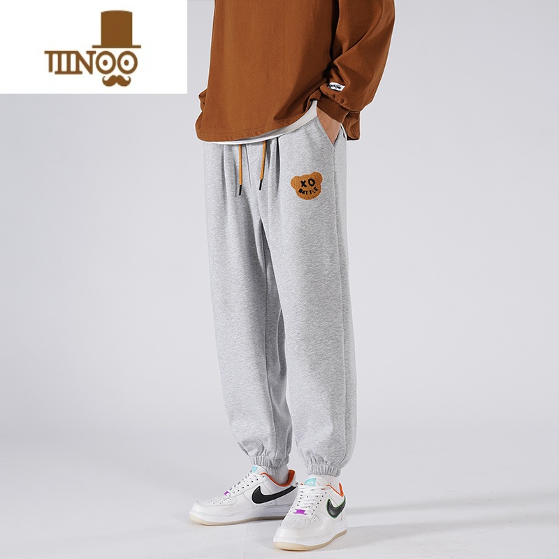 YANXU小熊运动裤子男ins薄款卫裤潮牌宽松刺绣大码束脚休闲长X高清大图