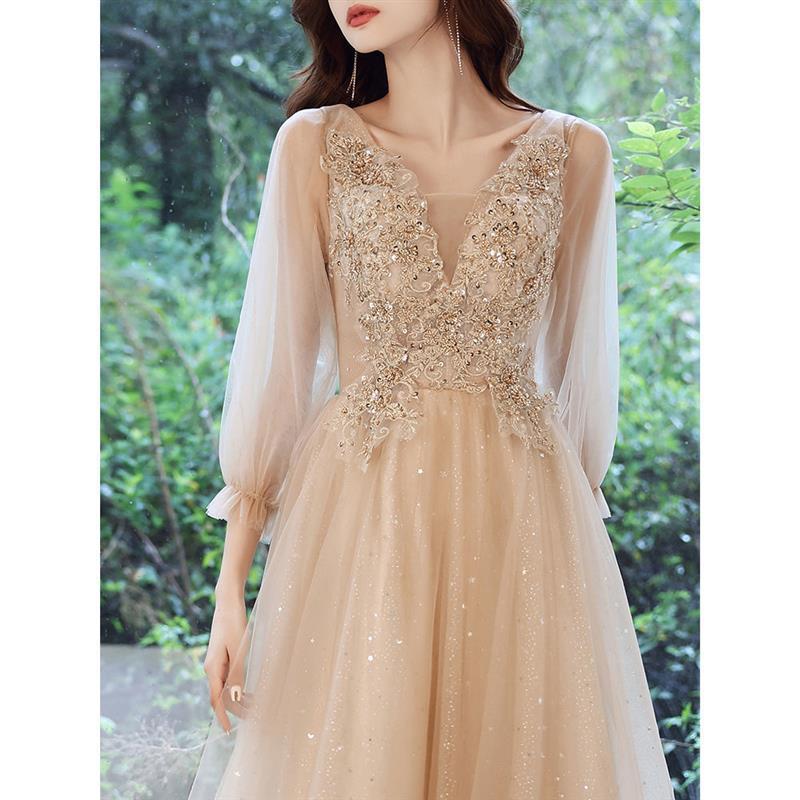 香槟色宴会订婚小晚礼服裙女气质伴娘服艺考主持人连衣裙轻奢森系