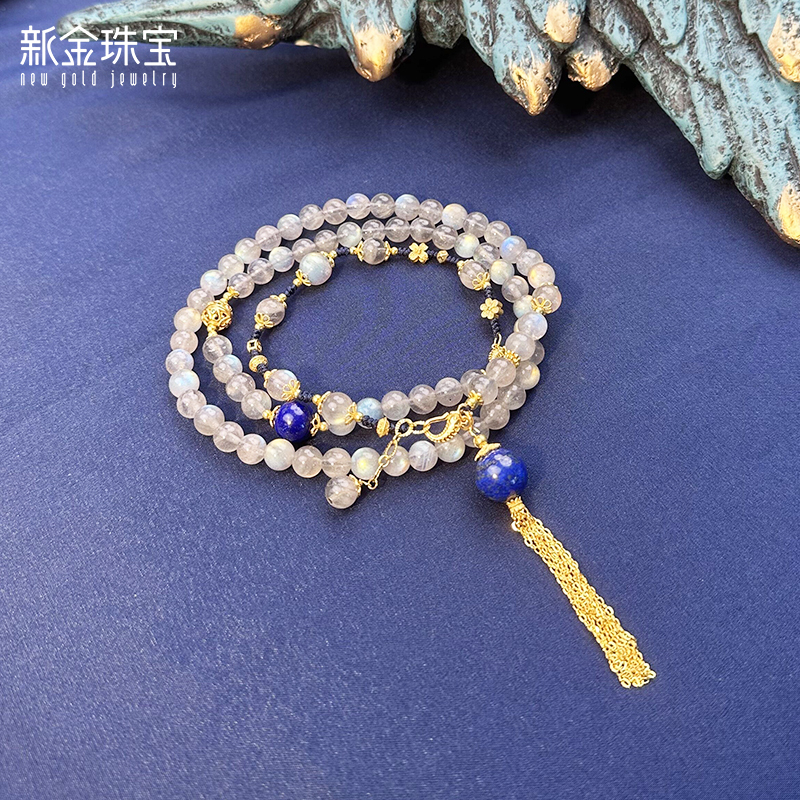 新金珠宝 S925银珠串流苏项链 冷艳灰月光珠串多层手串民族风1042