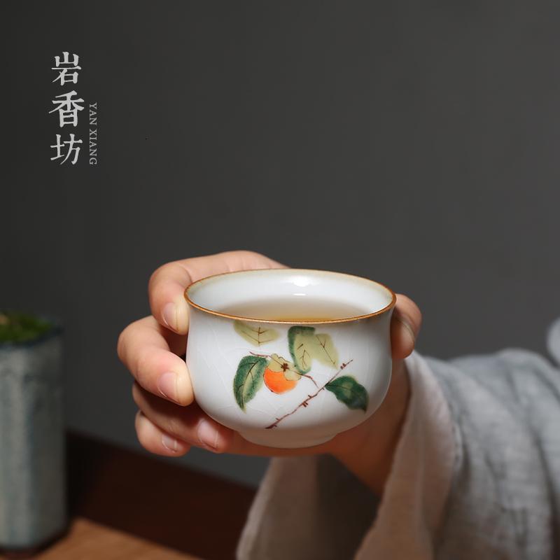 月白汝窑开片品茗杯 陶瓷功夫茶具柿子复古茶杯单杯家用 三维工匠 月白汝窑收腰杯-柿柿如意高清大图