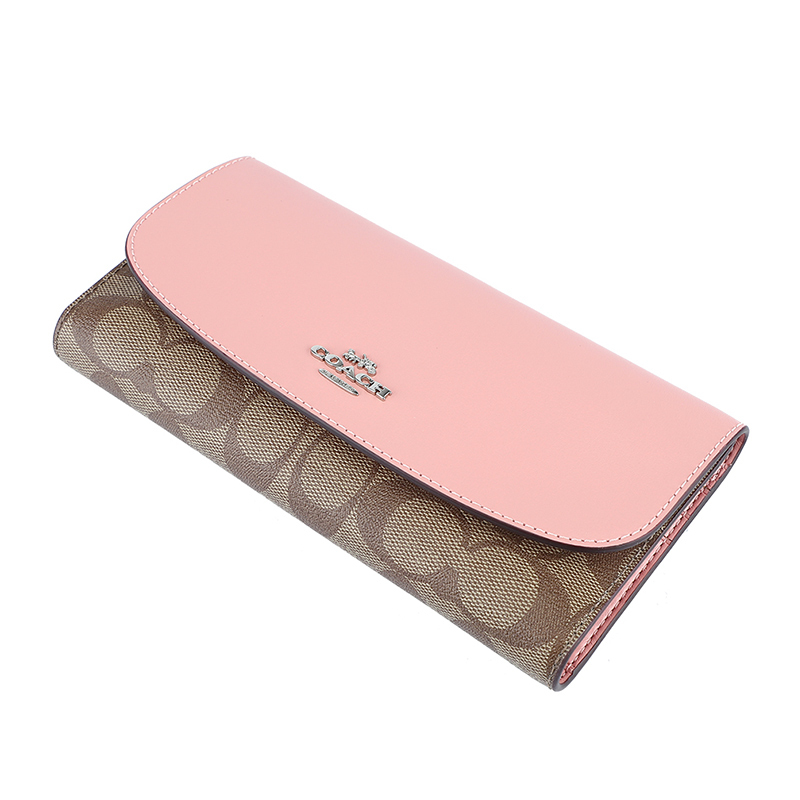 COACH 蔻驰 奢侈品 女士卡其粉色人造革长款钱包钱夹