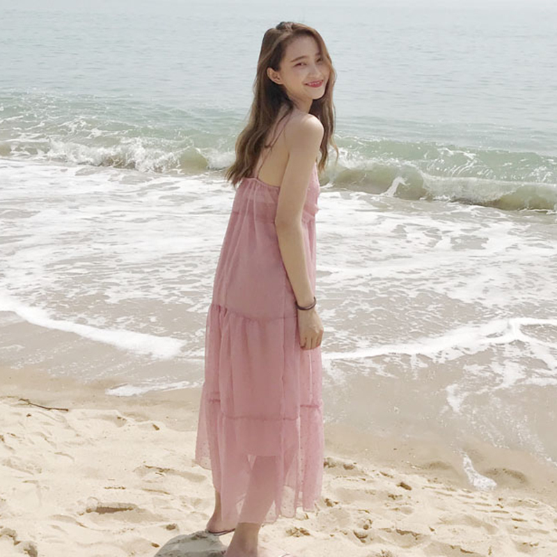 夏季新款chic韩风温柔度假风沙滩海边V领带背心裙长裙连衣裙女