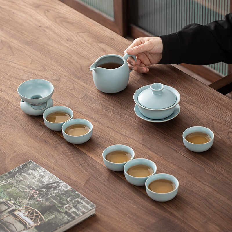 苏氏陶瓷(SUSHI CERAMICS) J0431 汝窑·茶具组(杯壶盖碗茶漏组) 10件套 (单位:套)高清大图