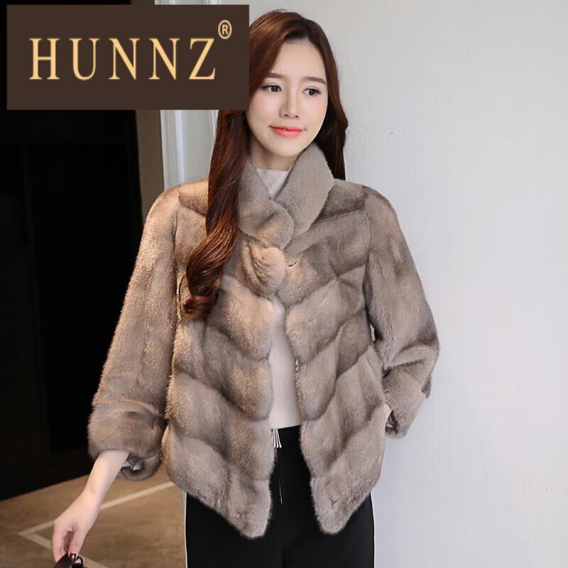 hunnz高端女装水貂皮大衣女洋气优雅整貂皮外套貂毛短款皮草立领裘皮