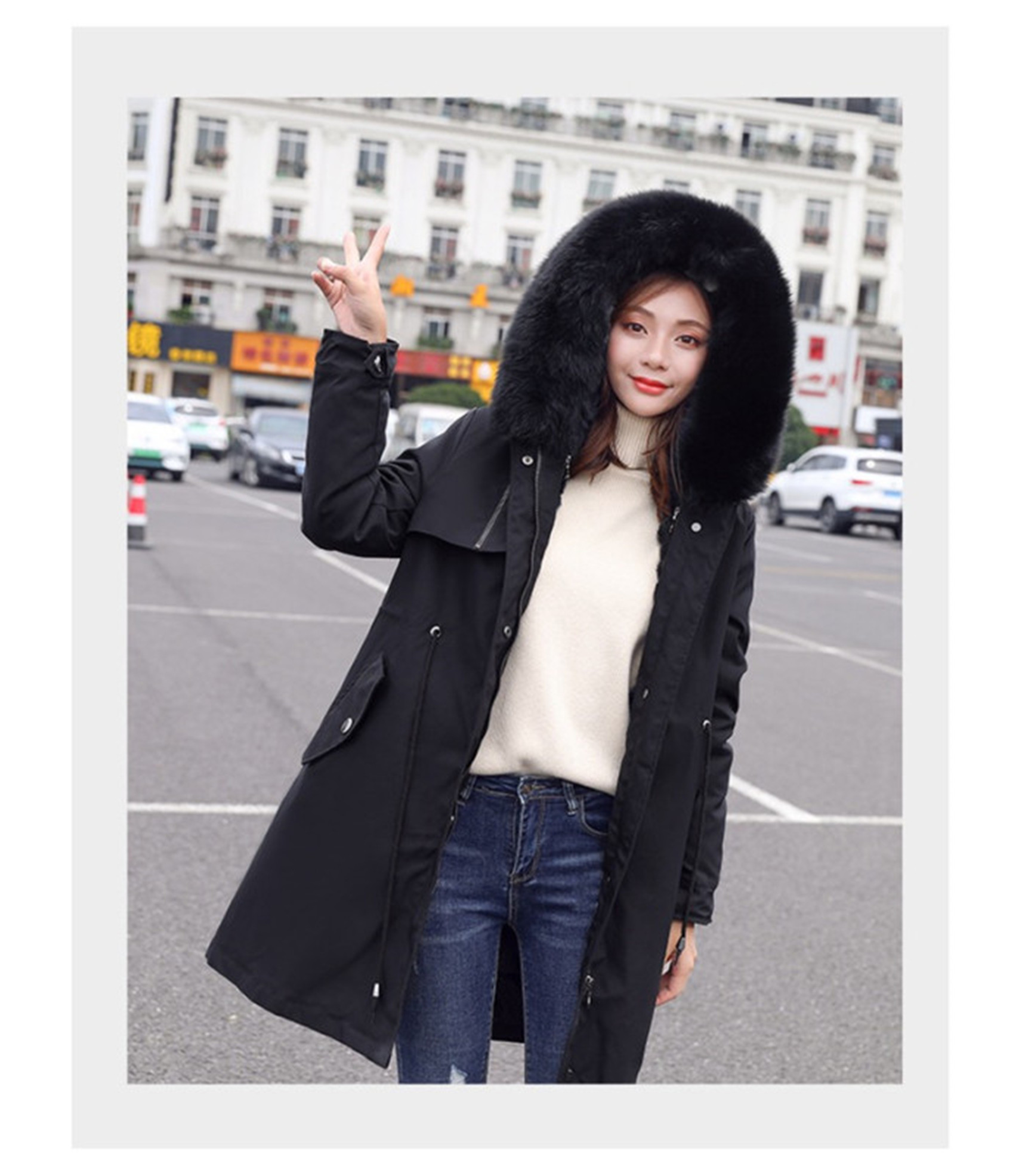 派克服女冬新款可拆卸獭兔毛内胆派克大衣中长款皮草外套219