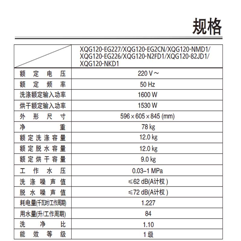 松下滚筒洗衣干衣机XQG120-EG226