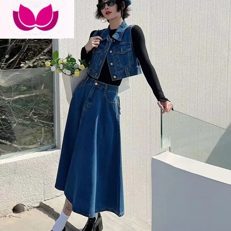 七斓小明复古牛仔高腰大摆半身裙套装女春季韩版设计感小众马甲仔 L110-120斤 蓝色马甲+裙子现货