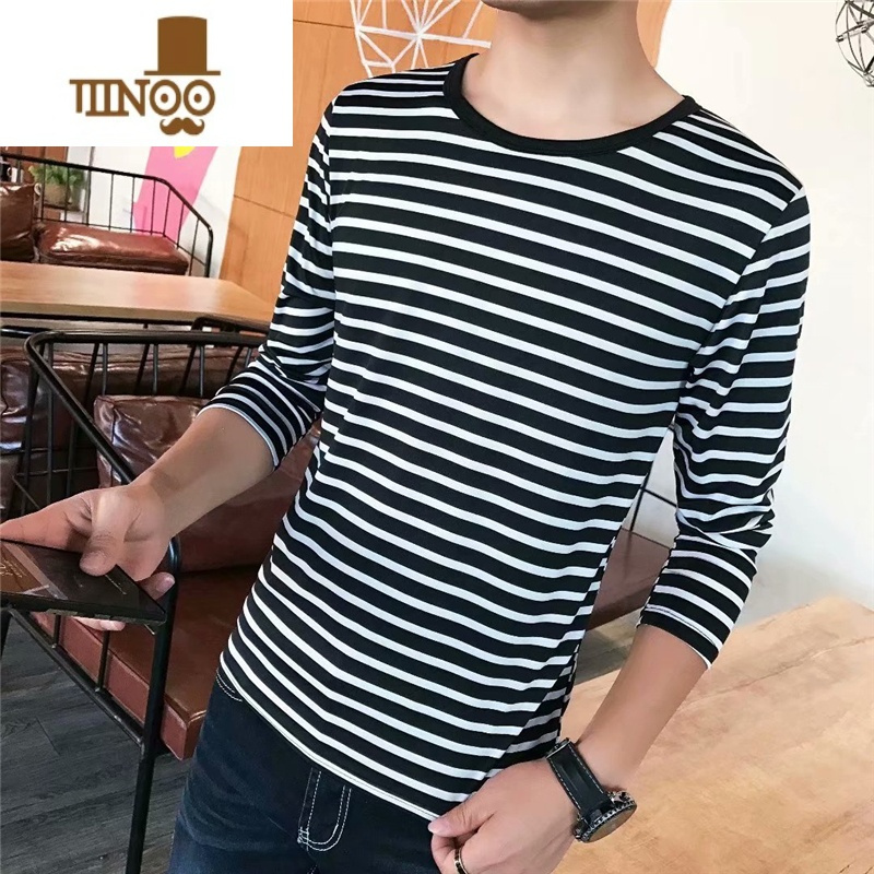 yanxu春季男士条纹长袖t恤潮流百搭休闲衣服男圆领衫_