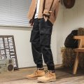 男士工装裤夏季纯色宽松休闲裤束脚裤子机能百搭春秋长裤 2XL 黑色