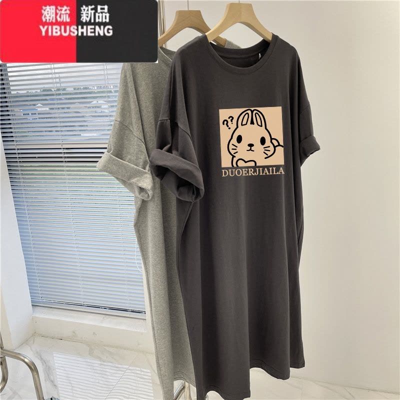 YIBUSHENG短袖t恤裙子女装季衣服胖mm大码遮肚子长裙休闲过膝连衣裙图片