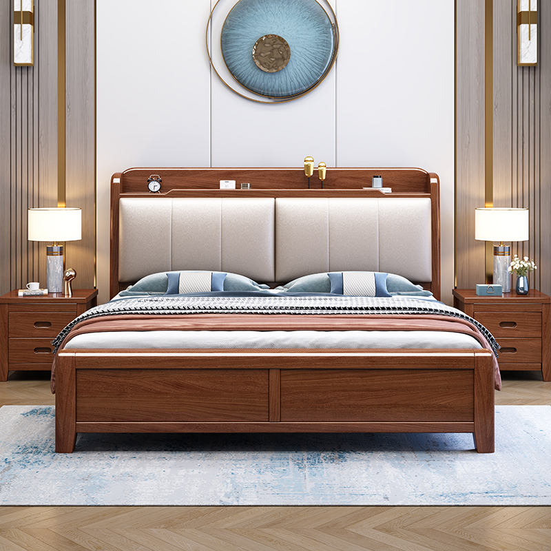 景山百岁 床 金丝胡桃木床 实木床 现代中式实木家具 木质婚床 双人床1.8 1.5米高箱储物主卧床 抽屉床 2021