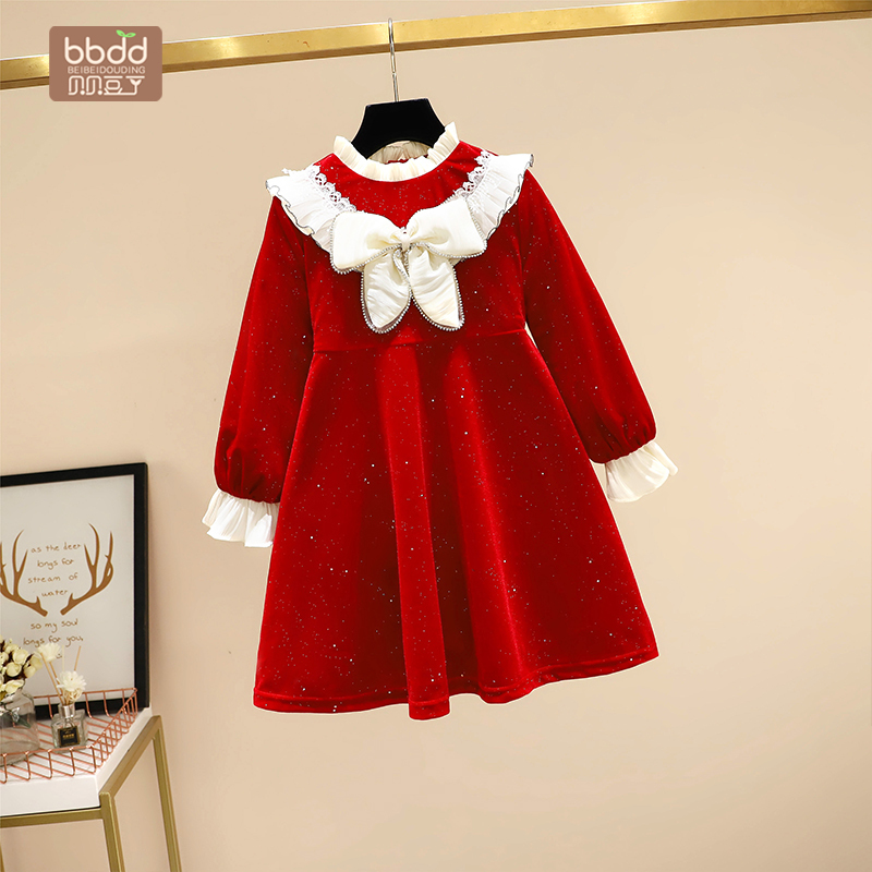 女童连衣裙秋冬装拜年服加绒洋气公主裙儿童新年衣服宝宝过年裙子裙子